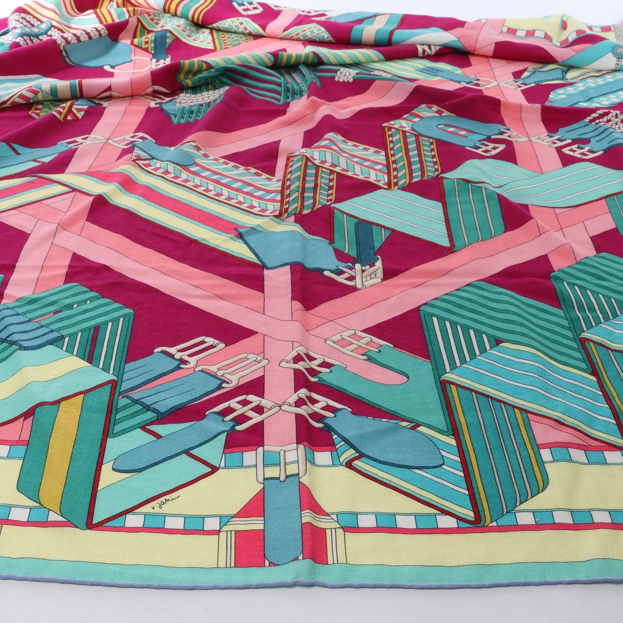 Hermès Carré Geant "SANGLES EN ZIGZAG" Cashmere and Silk Scarf in Green x Purple Divers