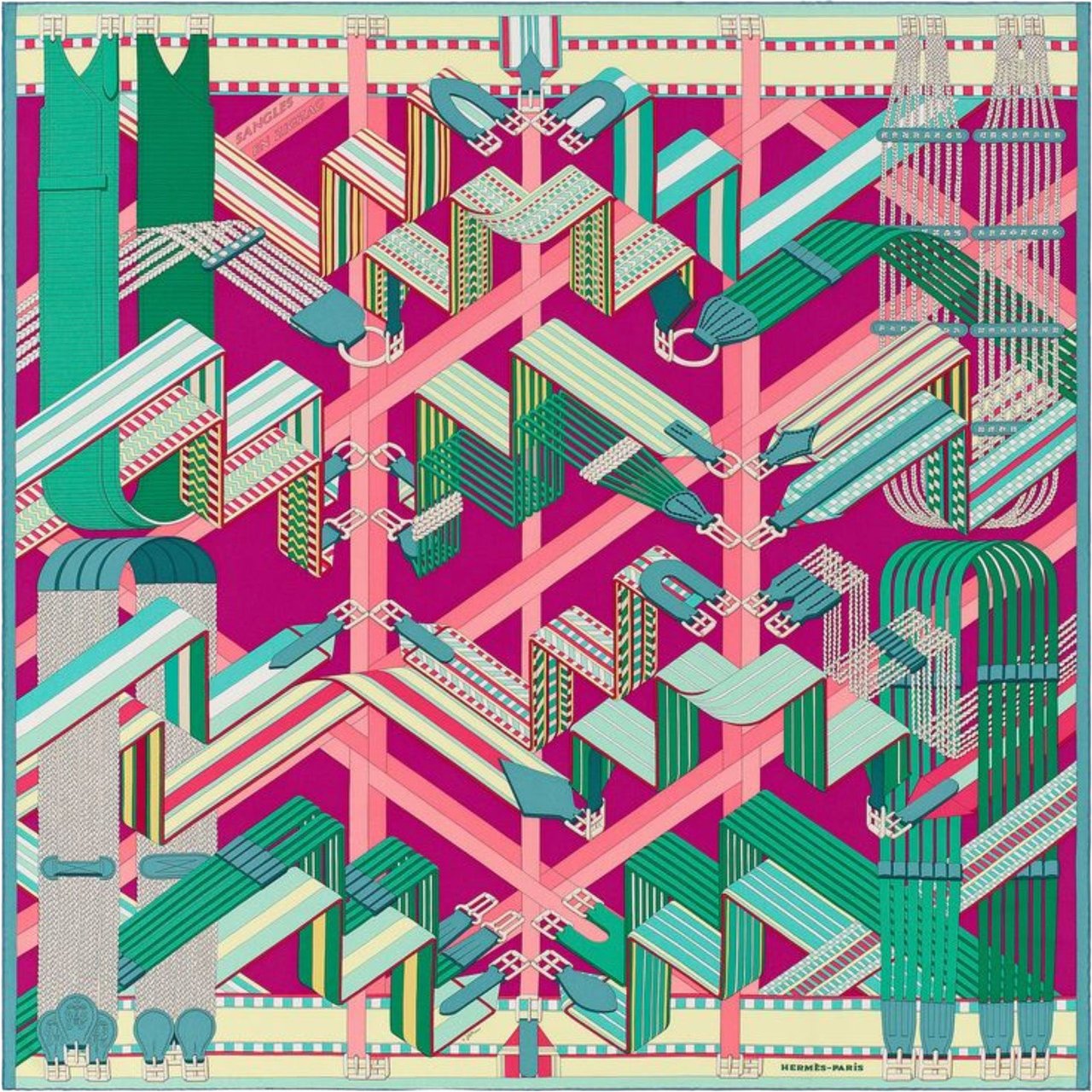 Hermès Carré Geant "SANGLES EN ZIGZAG" Cashmere and Silk Scarf in Green x Purple Divers