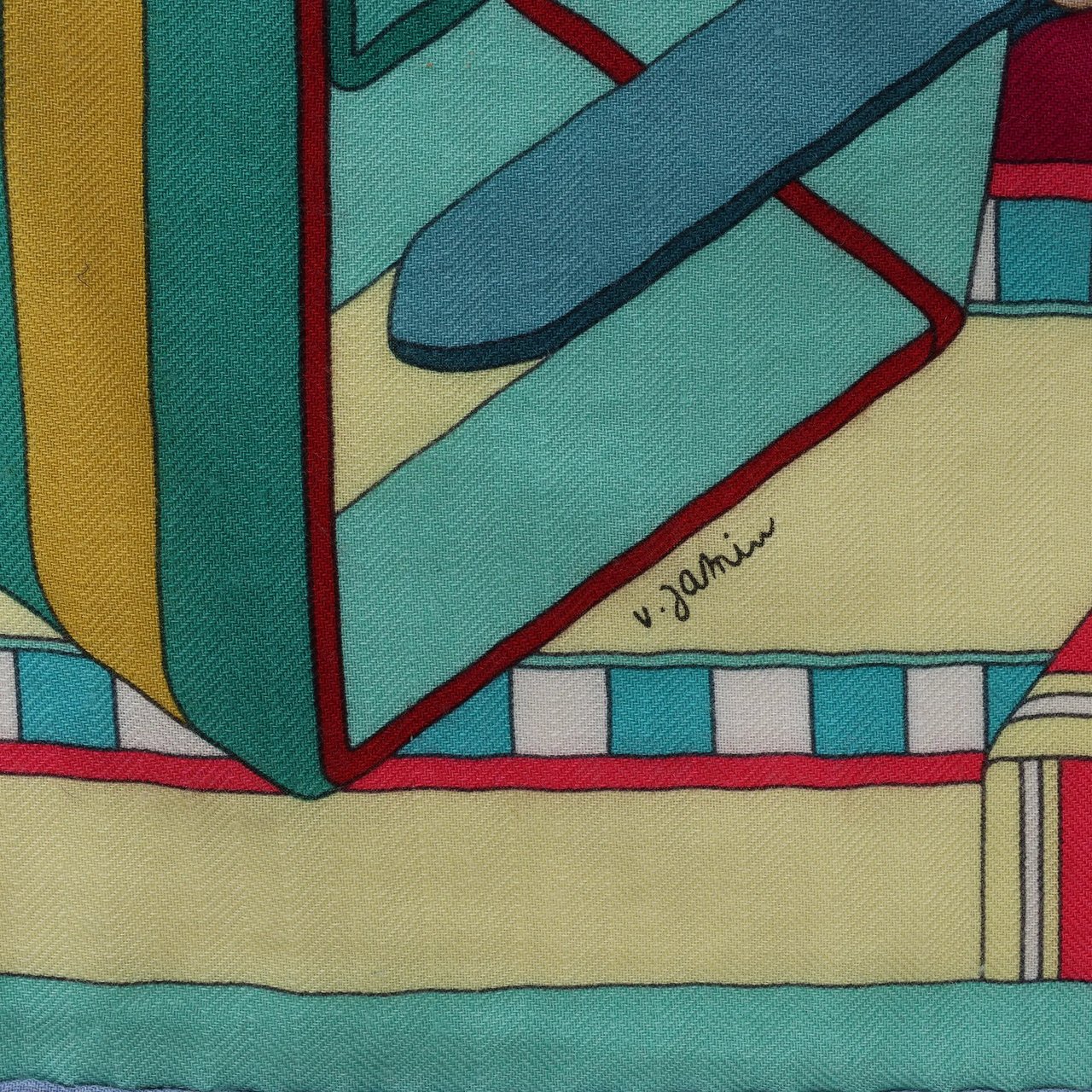 Hermès Carré Geant "SANGLES EN ZIGZAG" Cashmere and Silk Scarf in Green x Purple Divers