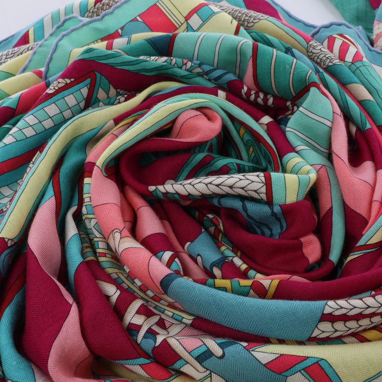 Hermès Carré Geant "SANGLES EN ZIGZAG" Cashmere and Silk Scarf in Green x Purple Divers