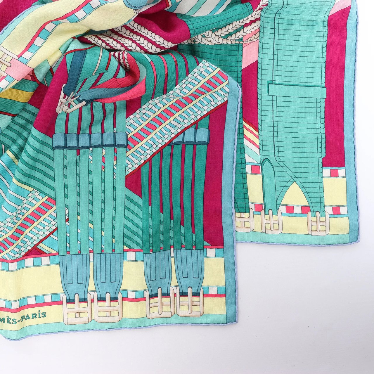 Hermès Carré Geant "SANGLES EN ZIGZAG" Cashmere and Silk Scarf in Green x Purple Divers