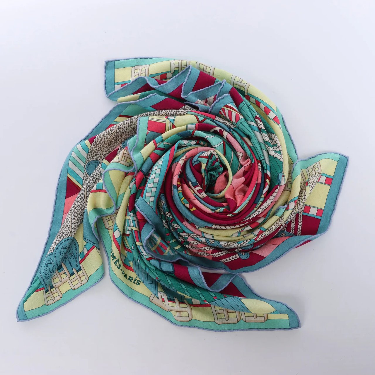 Hermès Carré Geant "SANGLES EN ZIGZAG" Cashmere and Silk Scarf in Green x Purple Divers
