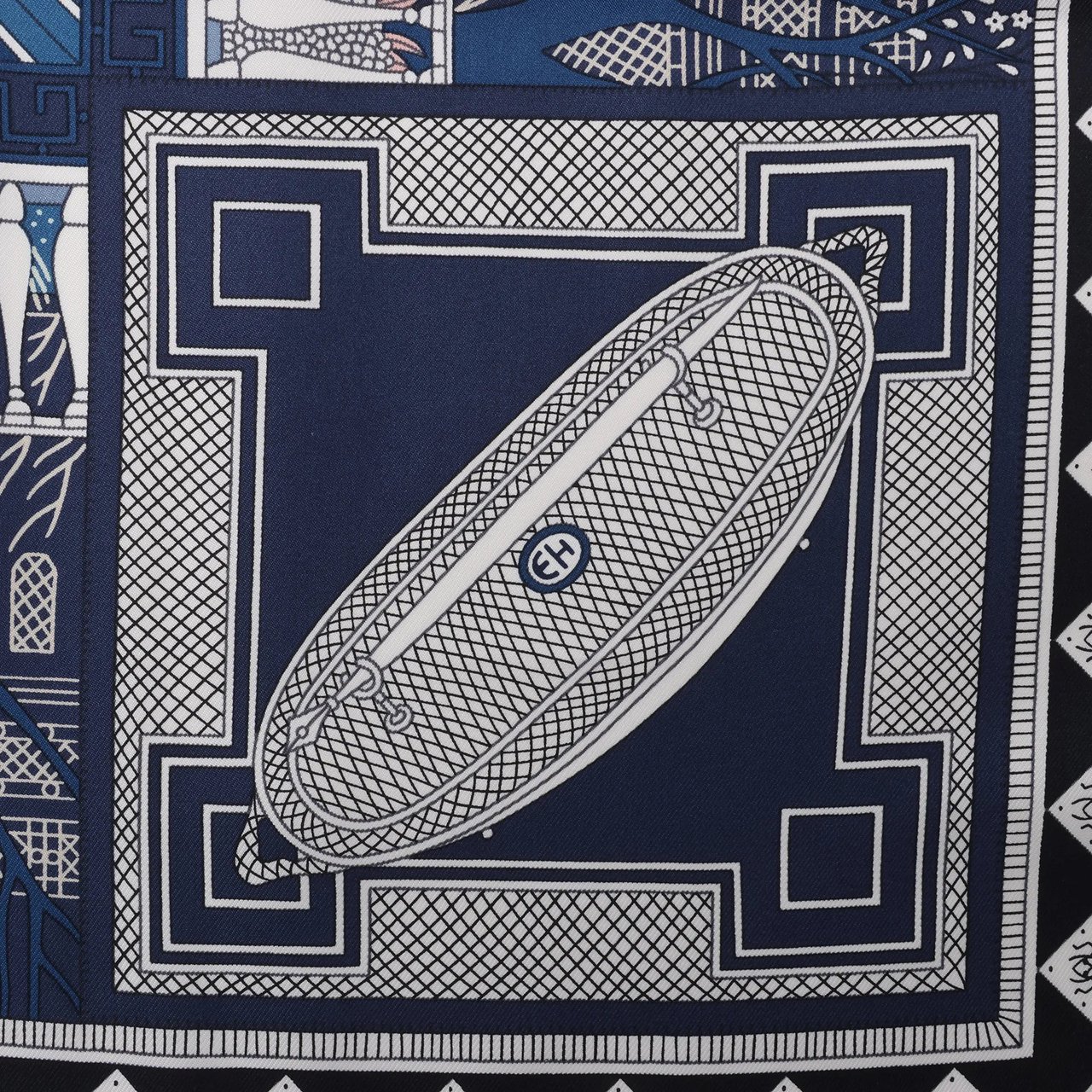 Hermès Carré 90 "Objets de Curiosite" Silk handkerchief in Blue x Gray Divers