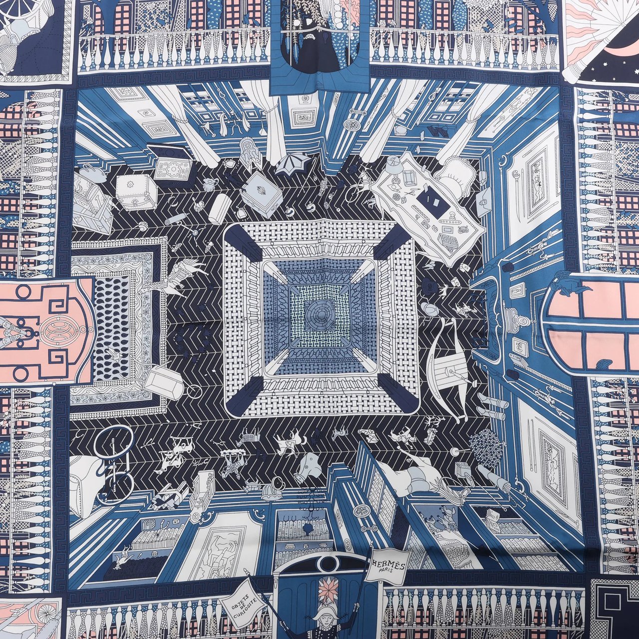 Hermès Carré 90 "Objets de Curiosite" Silk handkerchief in Blue x Gray Divers