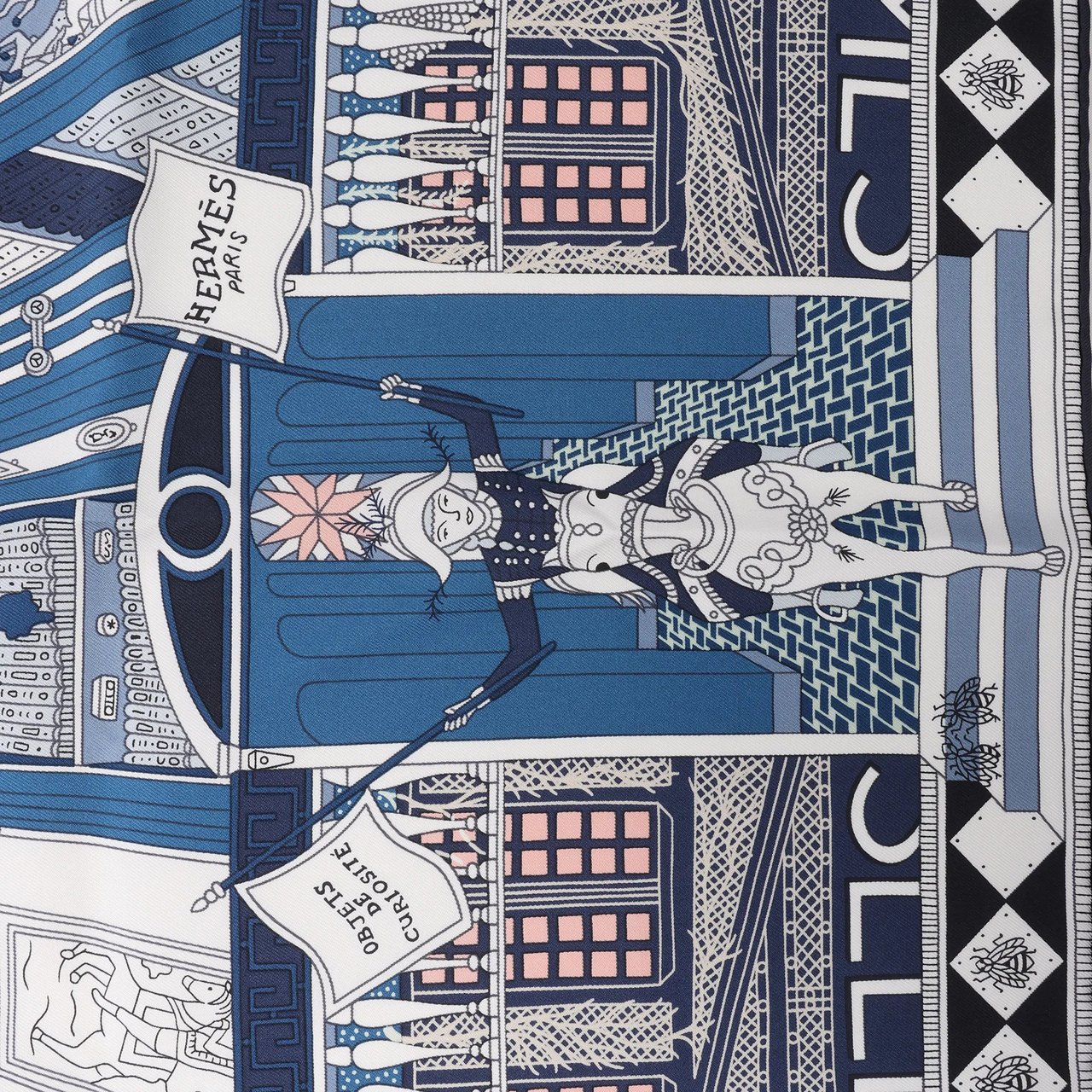 Hermès Carré 90 "Objets de Curiosite" Silk handkerchief in Blue x Gray Divers