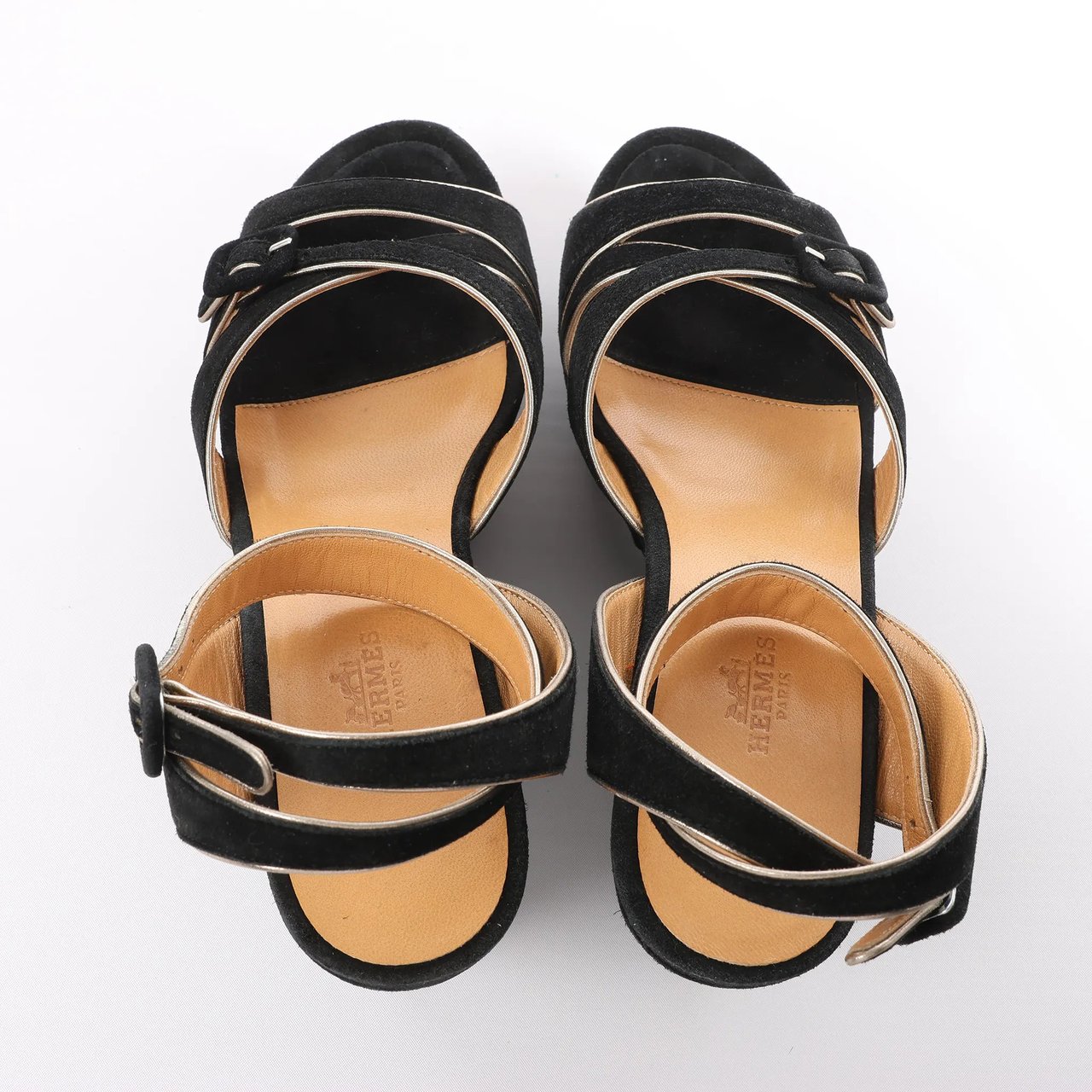 Hermès HERMES Leather & Suede Wedge Sole Sandals in Black, Size 37 EU Zwart