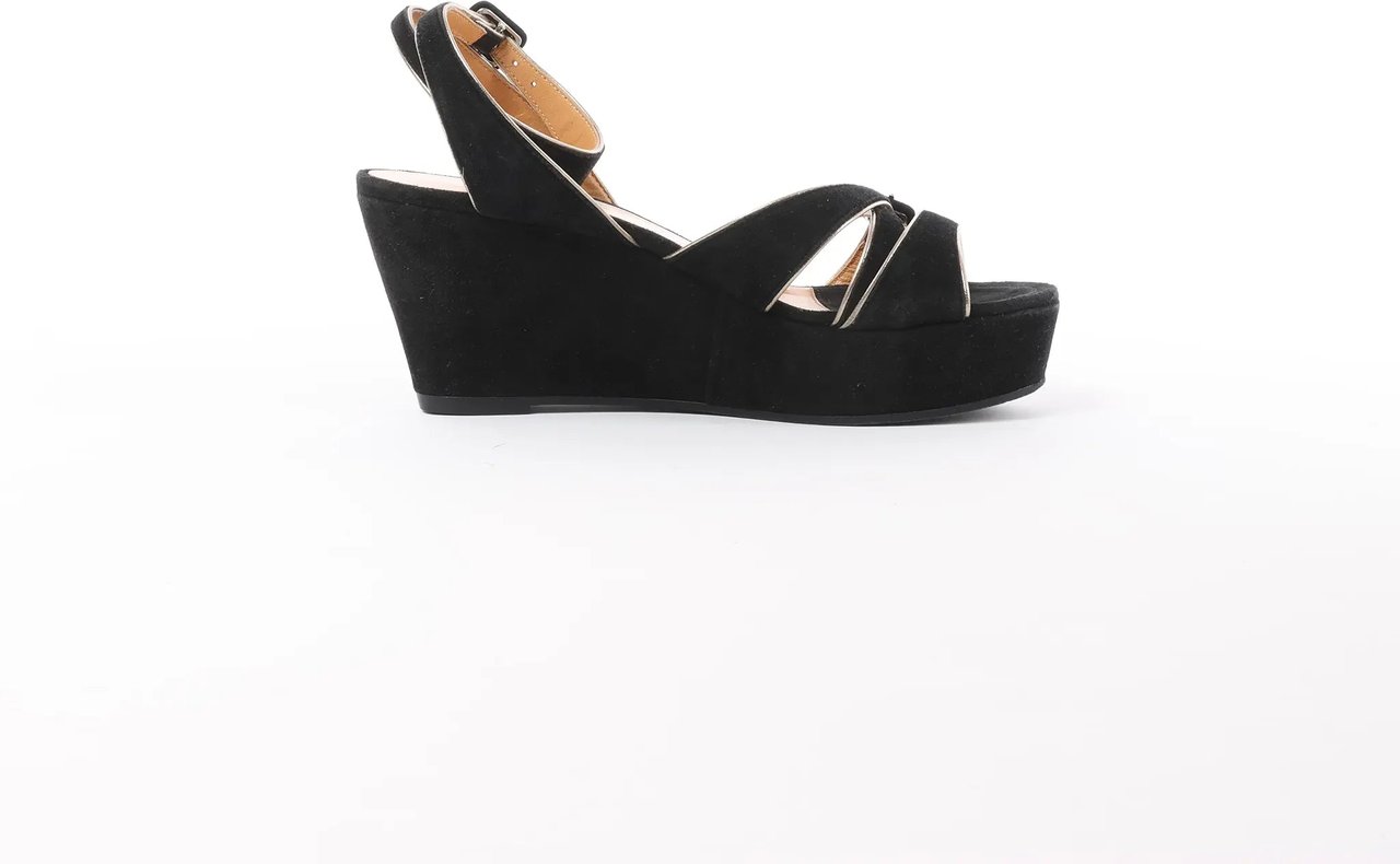 Hermès HERMES Leather & Suede Wedge Sole Sandals in Black, Size 37 EU Zwart