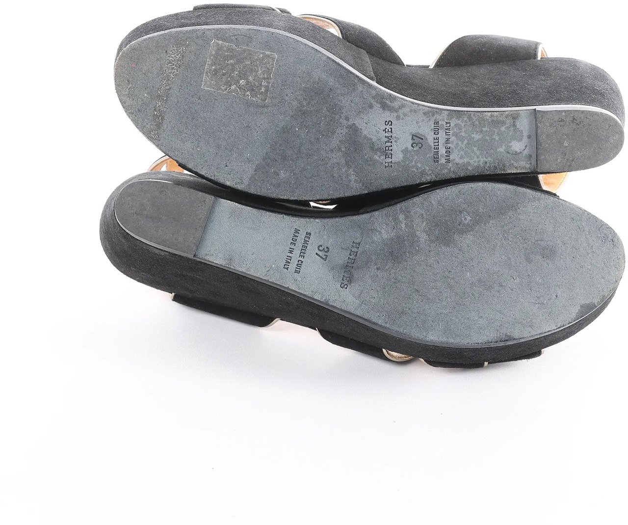 Hermès HERMES Leather & Suede Wedge Sole Sandals in Black, Size 37 EU Zwart
