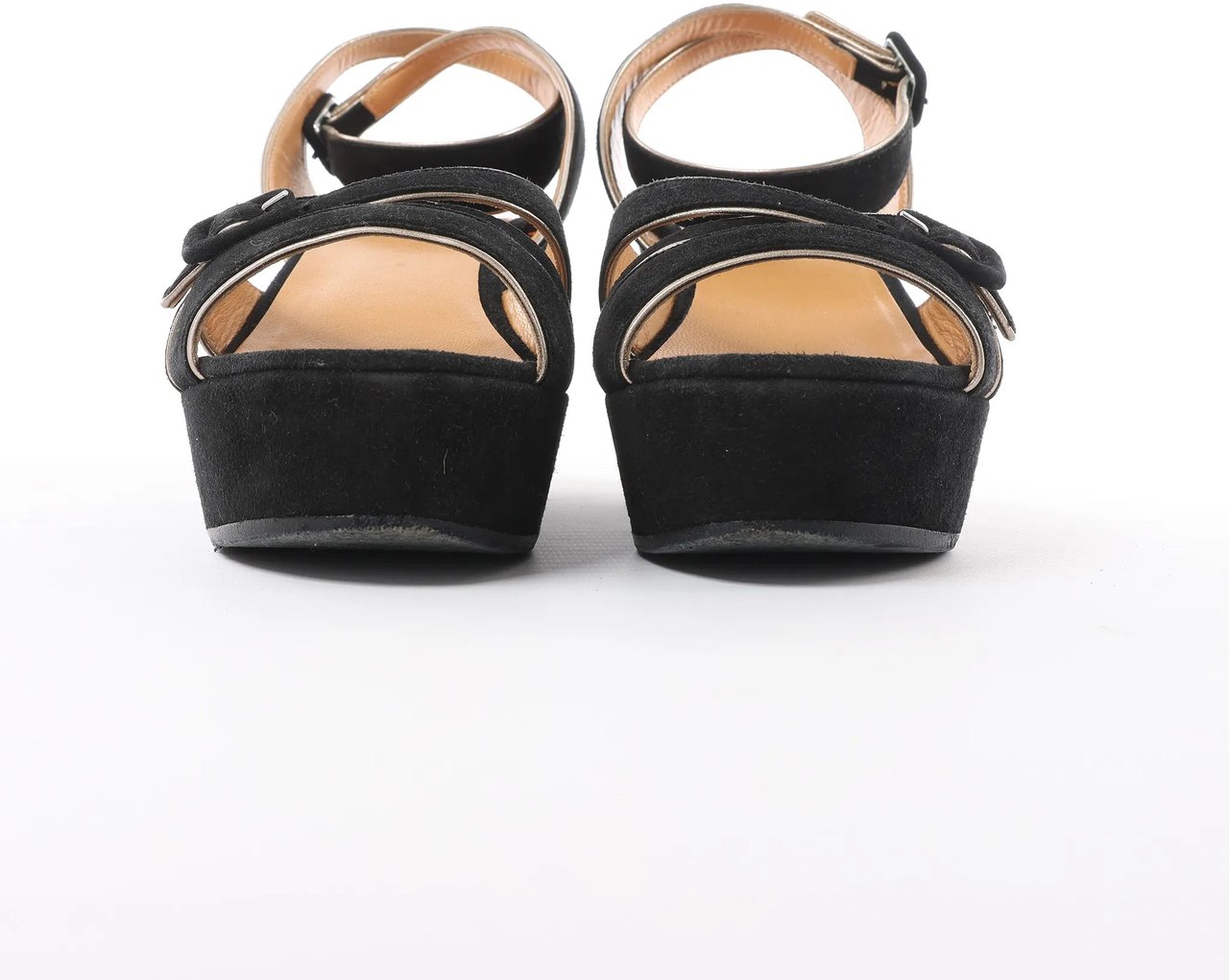 Hermès HERMES Leather & Suede Wedge Sole Sandals in Black, Size 37 EU Zwart