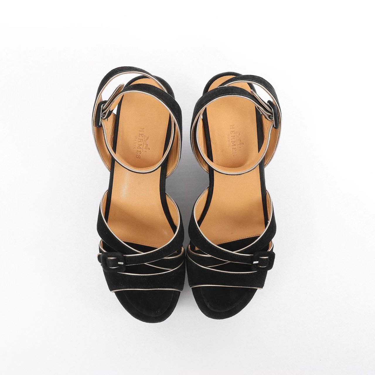 Hermès HERMES Leather & Suede Wedge Sole Sandals in Black, Size 37 EU Zwart