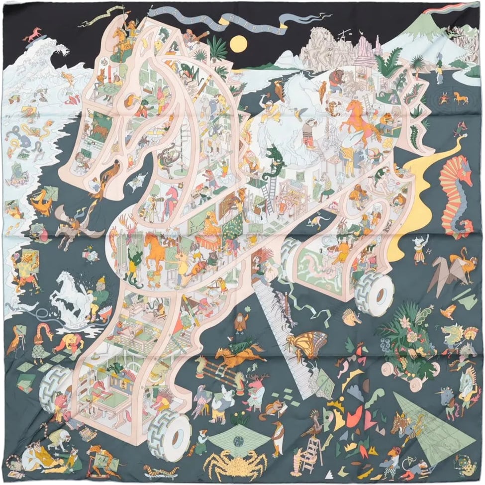 Hermès Carré 90 "Academia Ipica" Silk handkerchief in Gray Divers