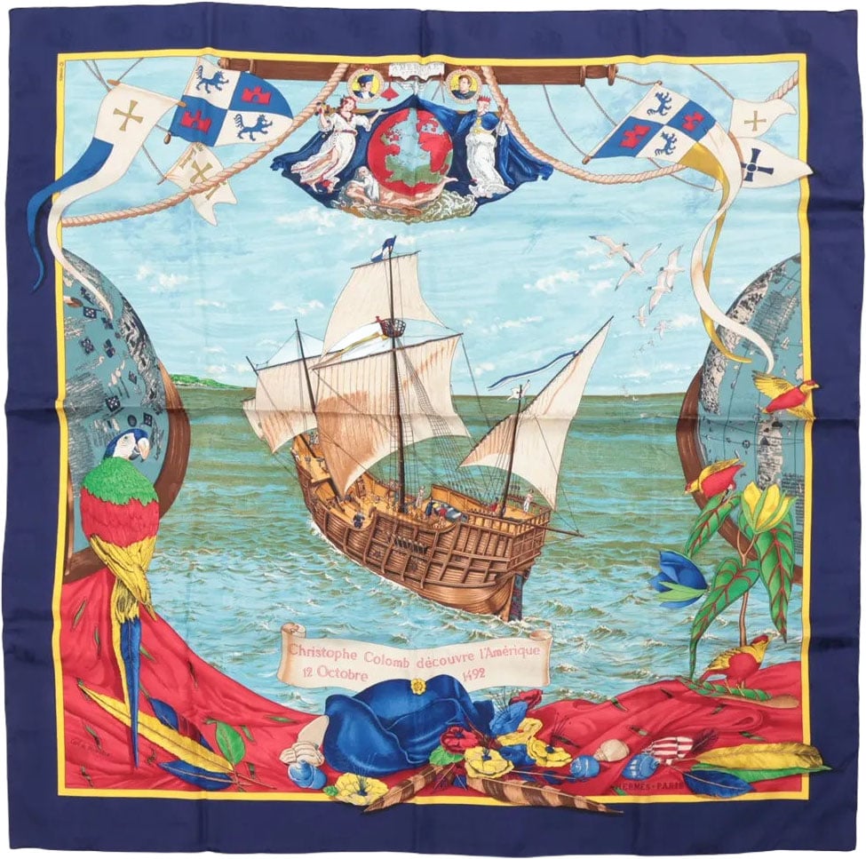 Hermès Carré 90 "Christoffer Columbus decouvre l'Amerique" Silk handkerchief in Blue Blauw