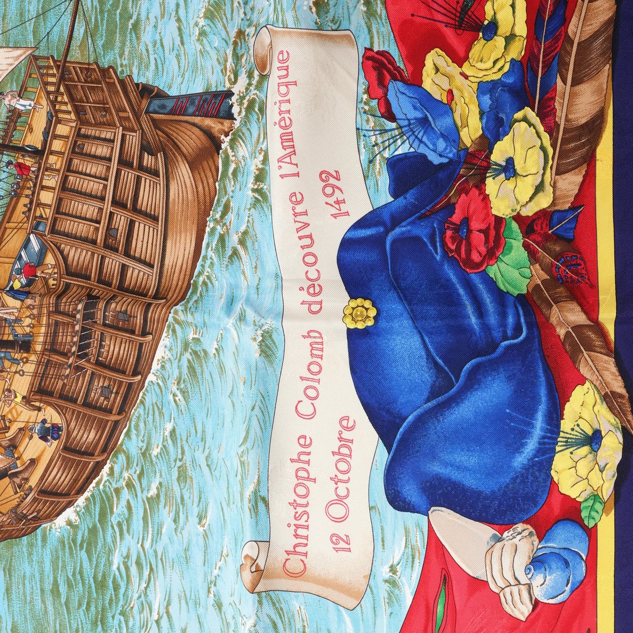 Hermès Carré 90 "Christoffer Columbus decouvre l'Amerique" Silk handkerchief in Blue Blauw