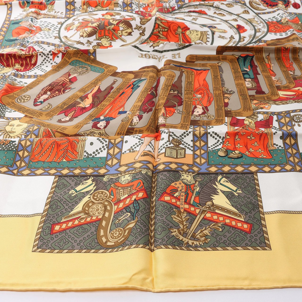 Hermès Carré 90 "LE TAROT" Silk handkerchief in Yellow Geel