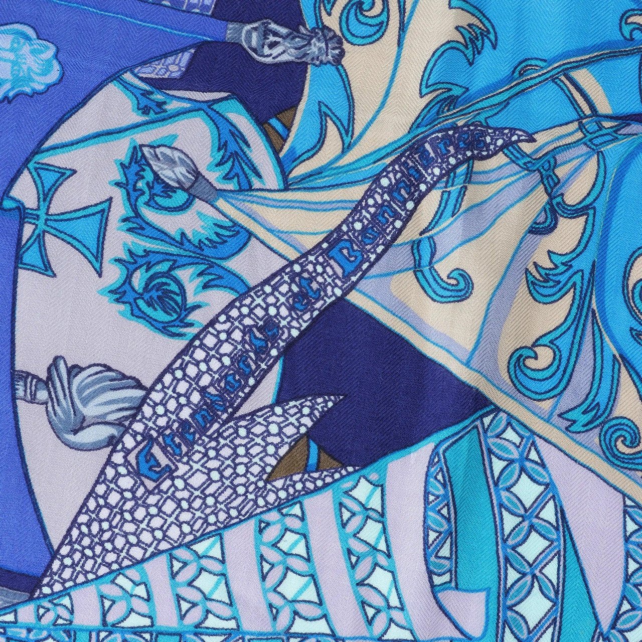 Hermès Carré 90 "Etendards et Bonnieres flag" Cashmere x Silk handkerchief in Blue Blauw