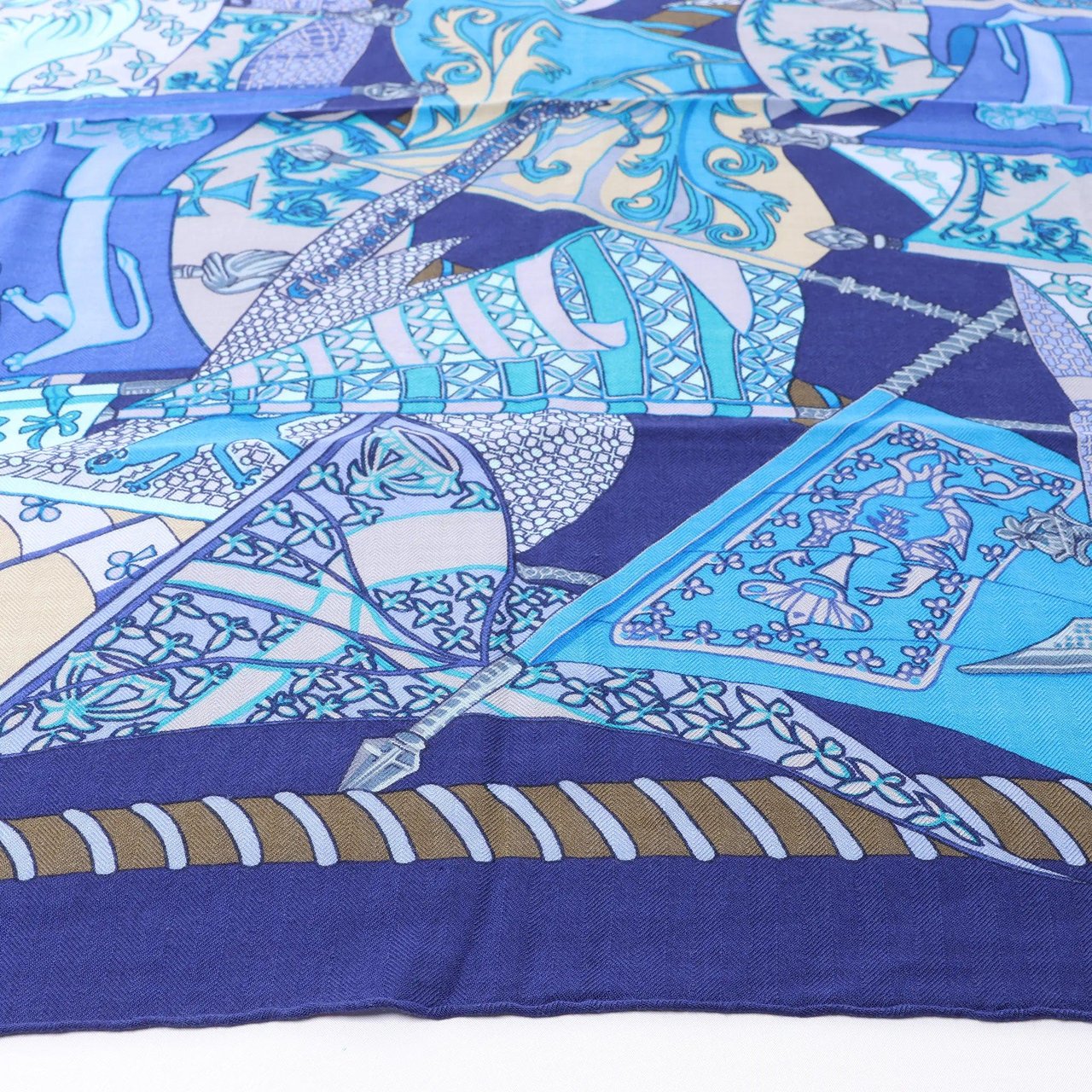 Hermès Carré 90 "Etendards et Bonnieres flag" Cashmere x Silk handkerchief in Blue Blauw