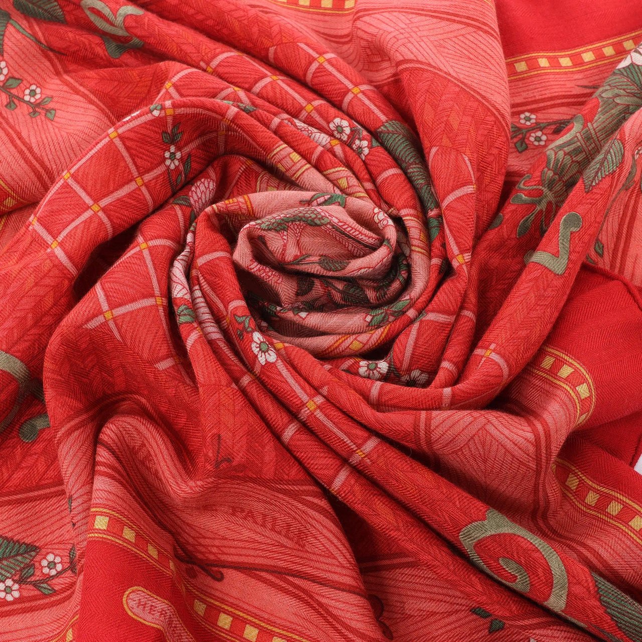 Hermès Carré 90 "JEUX DE PAILLE" Cashmere x Silk handkerchief in Red Divers