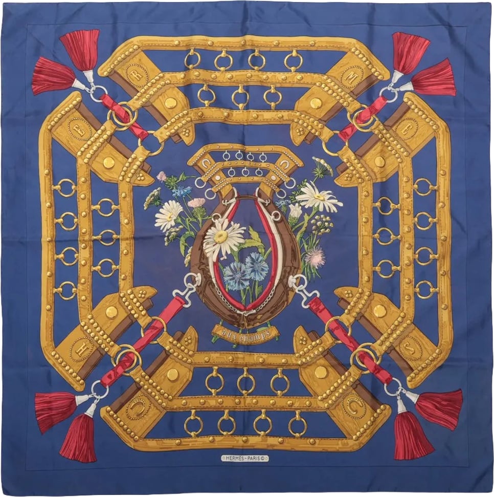 Hermès Carré 90 "AUX CHAMPS" Silk handkerchief in Navy Blue Blauw
