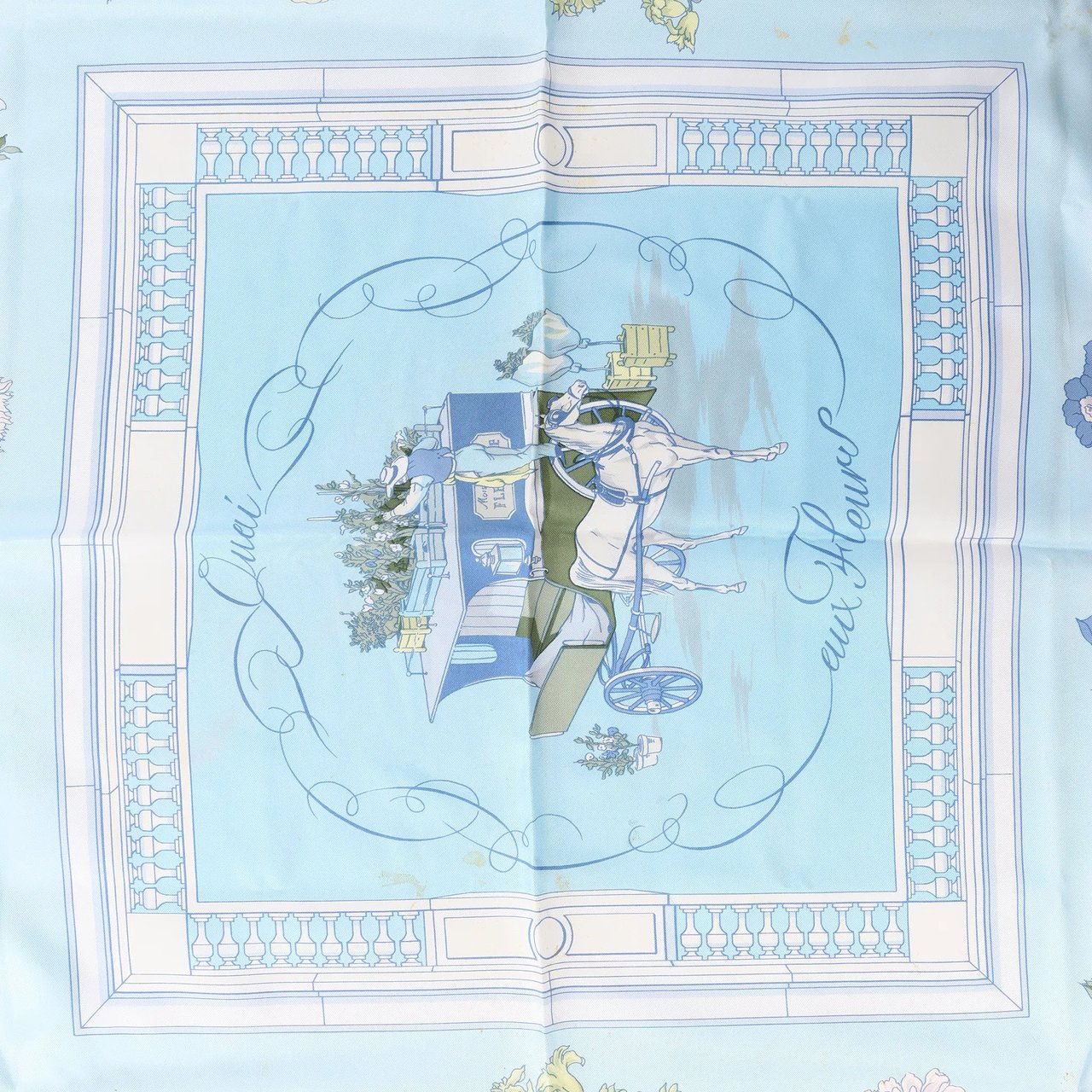 Hermès Carré 90 "Quai aux Fleurs" Silk handkerchief in Light Blue Blauw