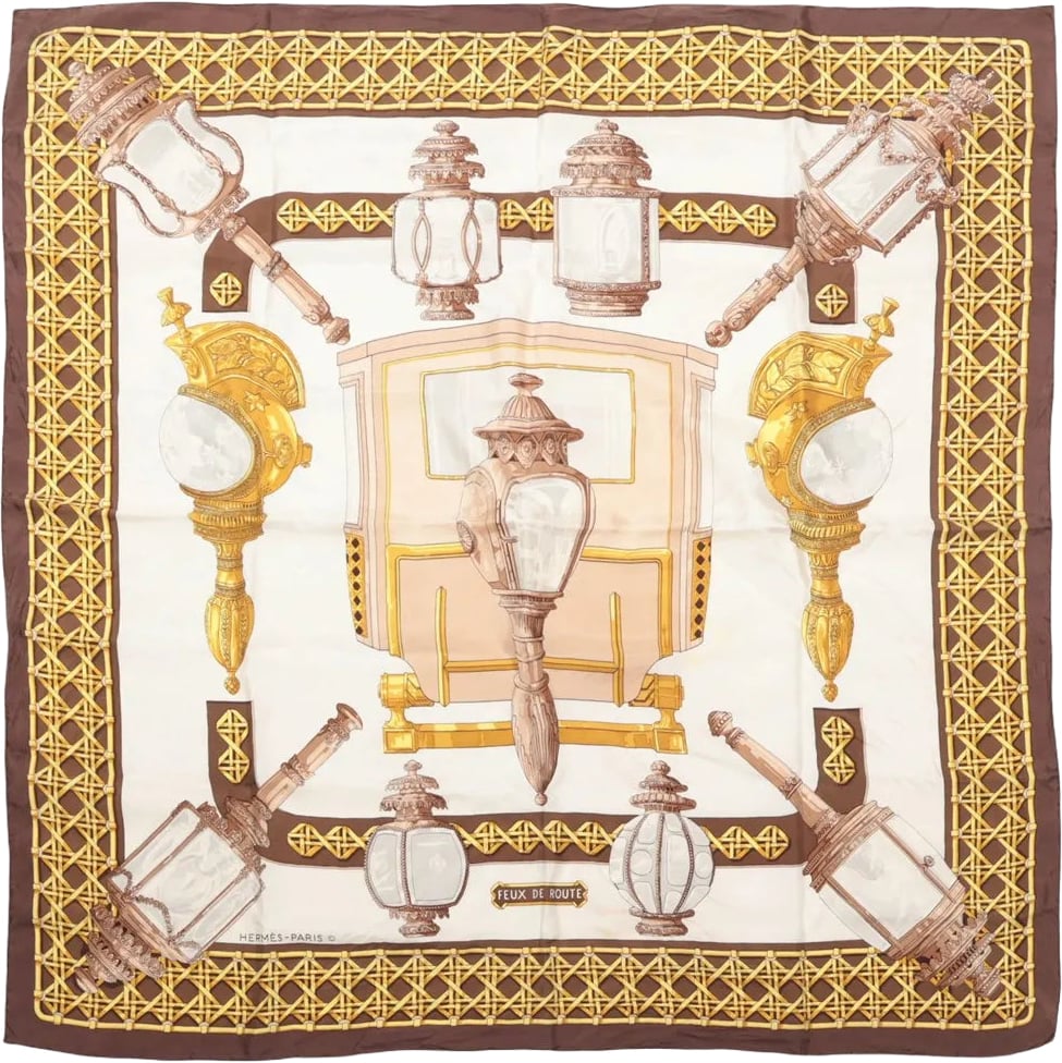 Hermès Carré 90 "FEUX DE ROUTE" Silk handkerchief in Brown Bruin