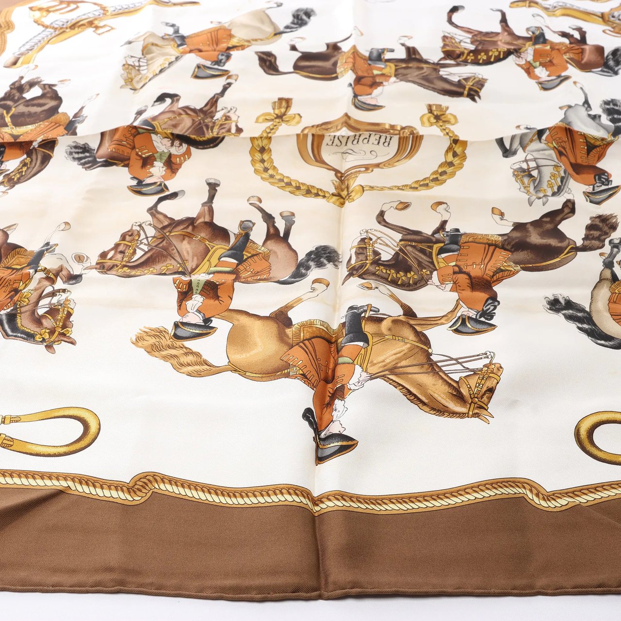 Hermès Carré 90 "REPRISE" Silk handkerchief in Brown Bruin