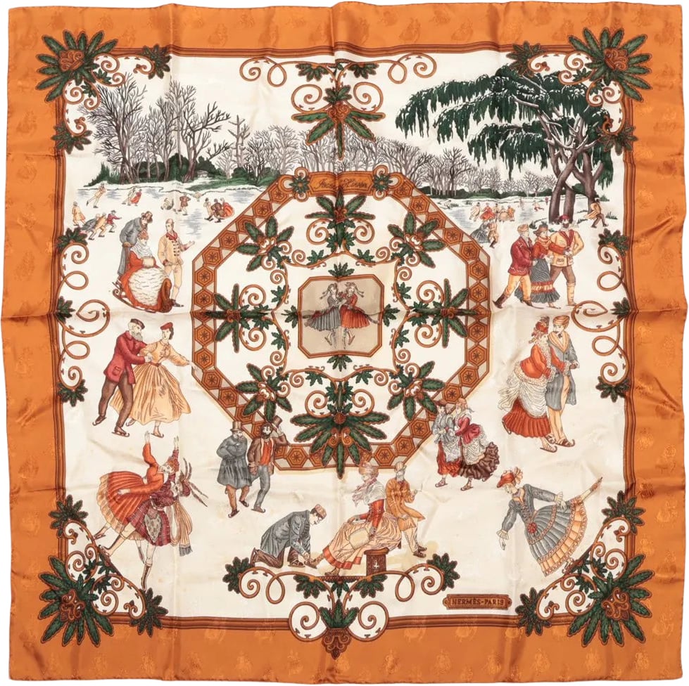 Hermès Carré 90 "Joies d’Hiver" Silk handkerchief in Brown Bruin