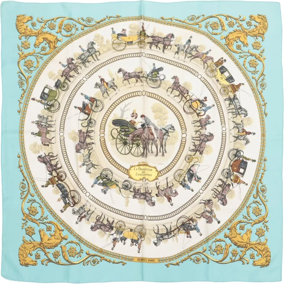 Hermès Carré 90 "LA PROMENADE DE LONGCHAMPS" Silk handkerchief in Blue Blauw