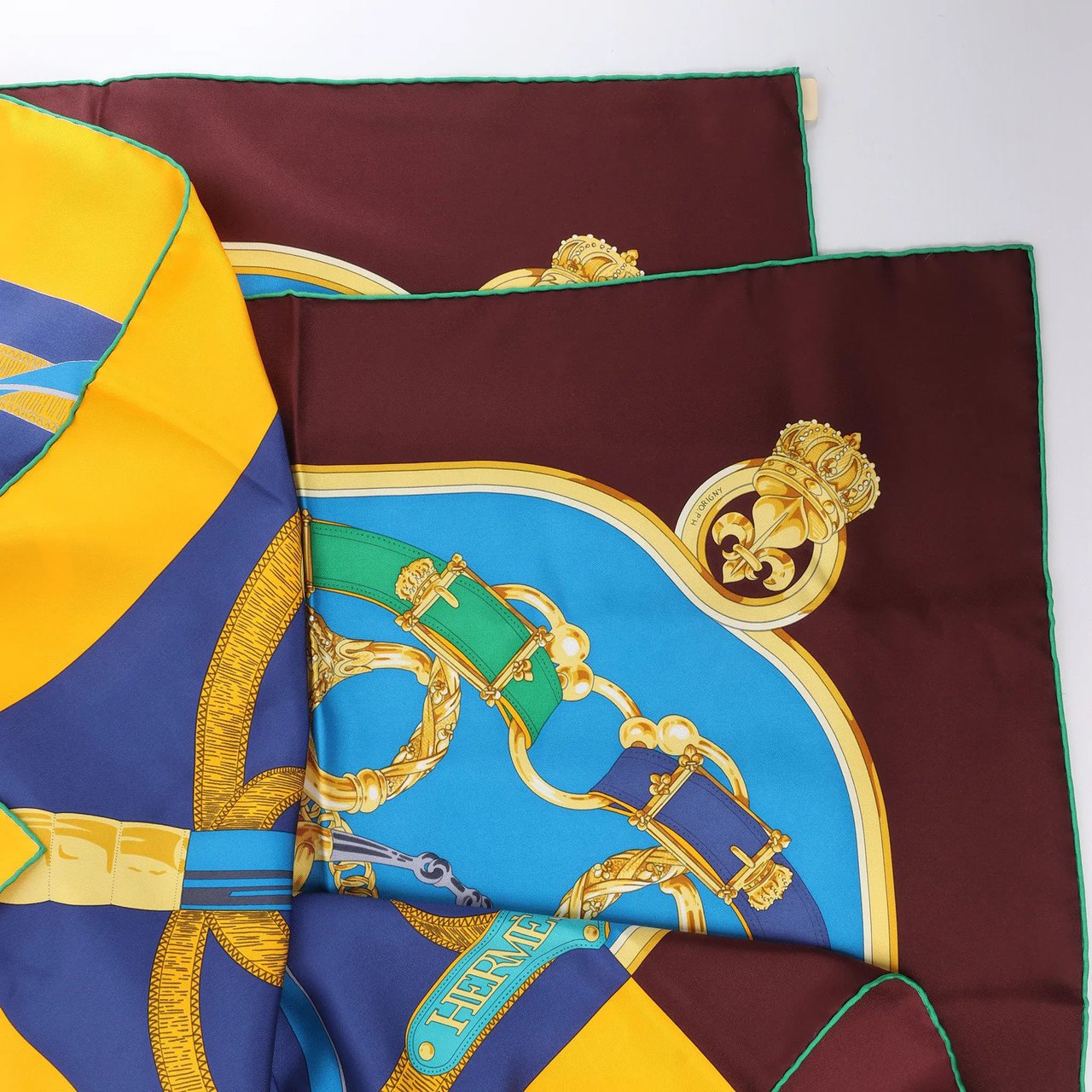 Hermès Carré 140 "Eperon d'Or" Silk handkerchief in Blue x Brown Divers