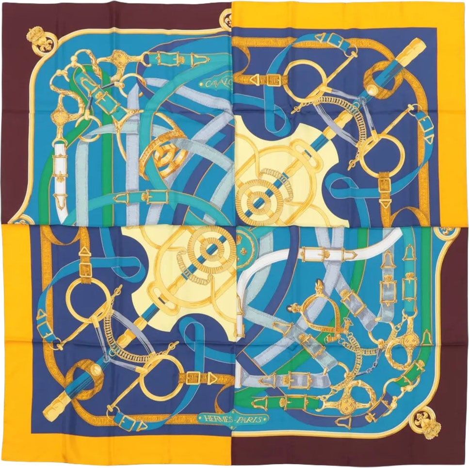 Hermès Carré 140 "Eperon d'Or" Silk handkerchief in Blue x Brown Divers