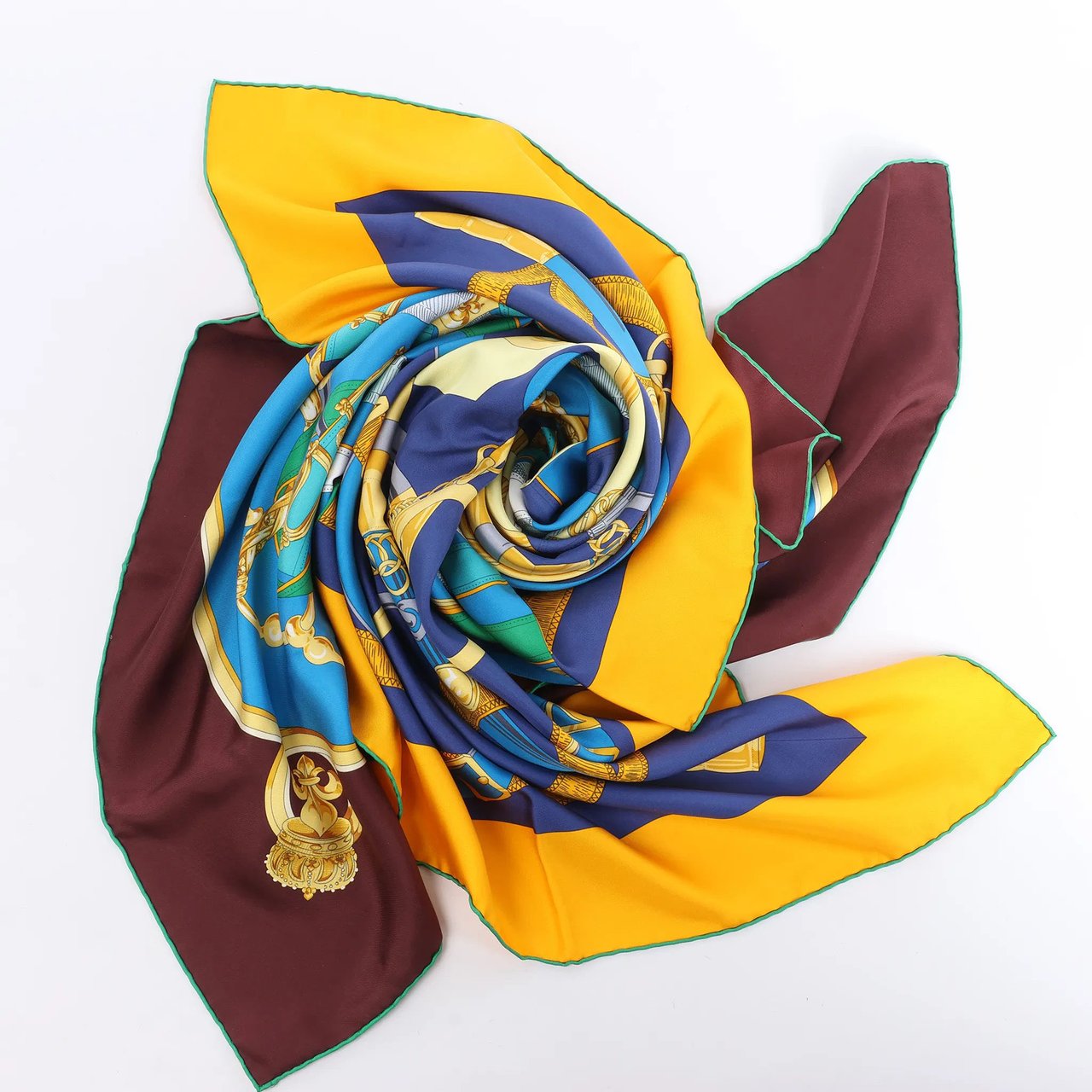 Hermès Carré 140 "Eperon d'Or" Silk handkerchief in Blue x Brown Divers