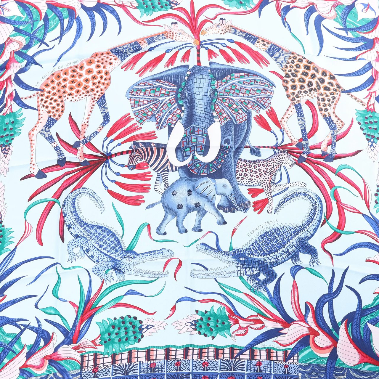 Hermès Carré 90 "LA MARCHE Du ZAMBEZE" Silk handkerchief in Blue Blauw