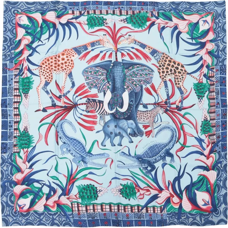 Hermès Carré 90 "LA MARCHE Du ZAMBEZE" Silk handkerchief in Blue Blauw