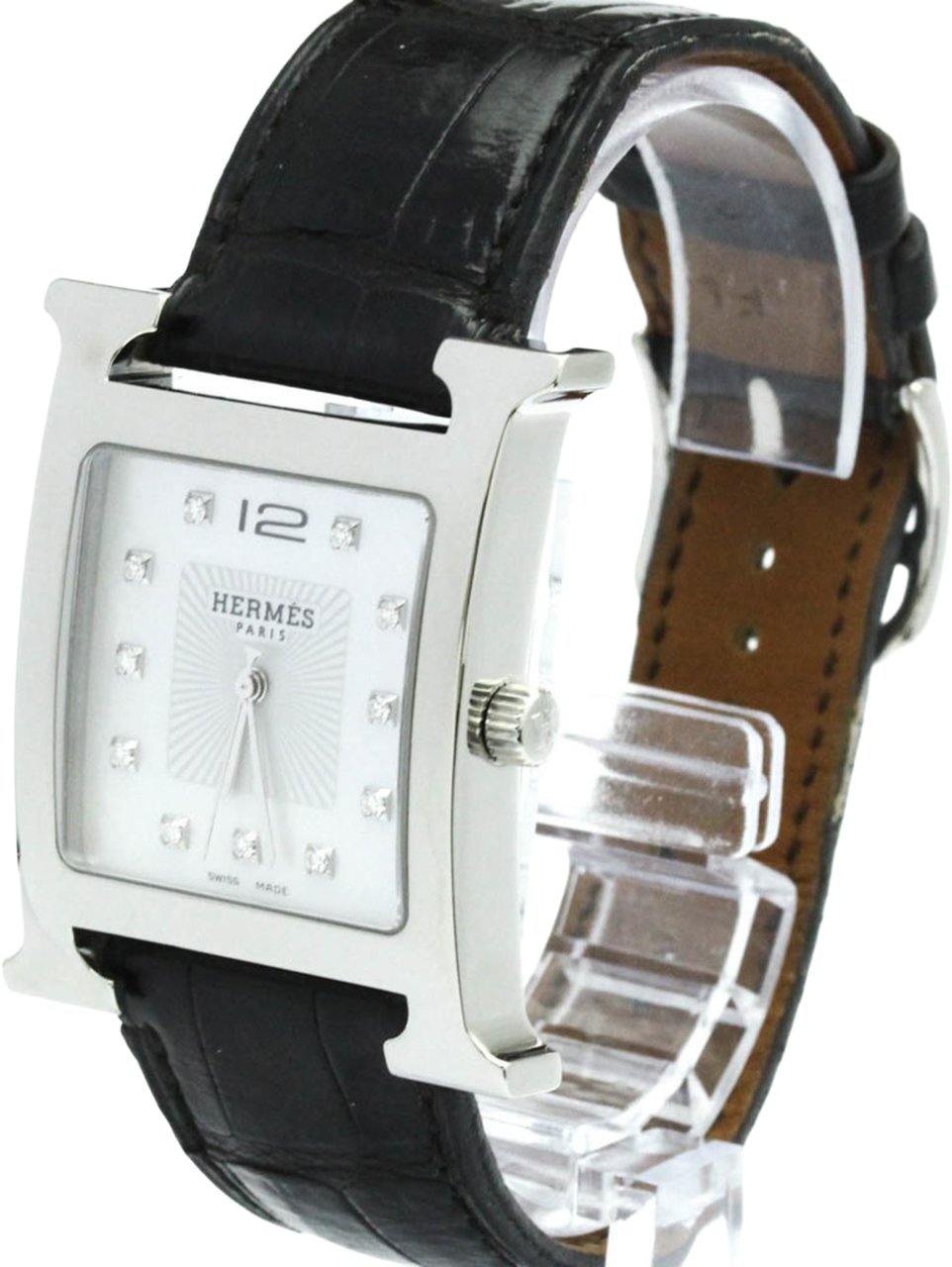 Hermès Hermes Heure H Quartz Stainless Steel and Alligator with Diamond Markers and Mother of Pearl 30 Divers