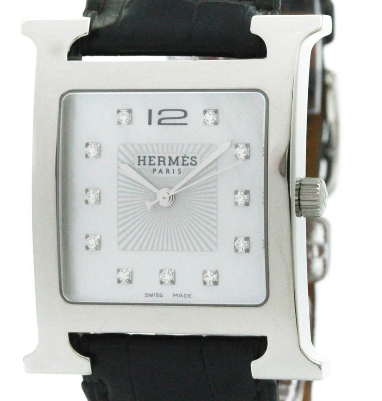 Hermès Hermes Heure H Quartz Stainless Steel and Alligator with Diamond Markers and Mother of Pearl 30 Divers