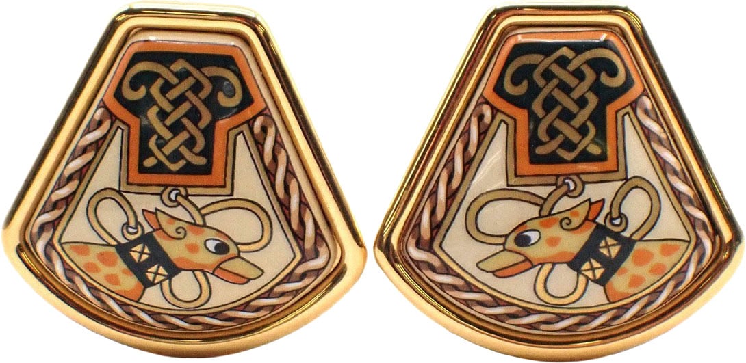 Hermès Hermes Vintage Clip-On Earrings Printed Enamel and Metal Goud