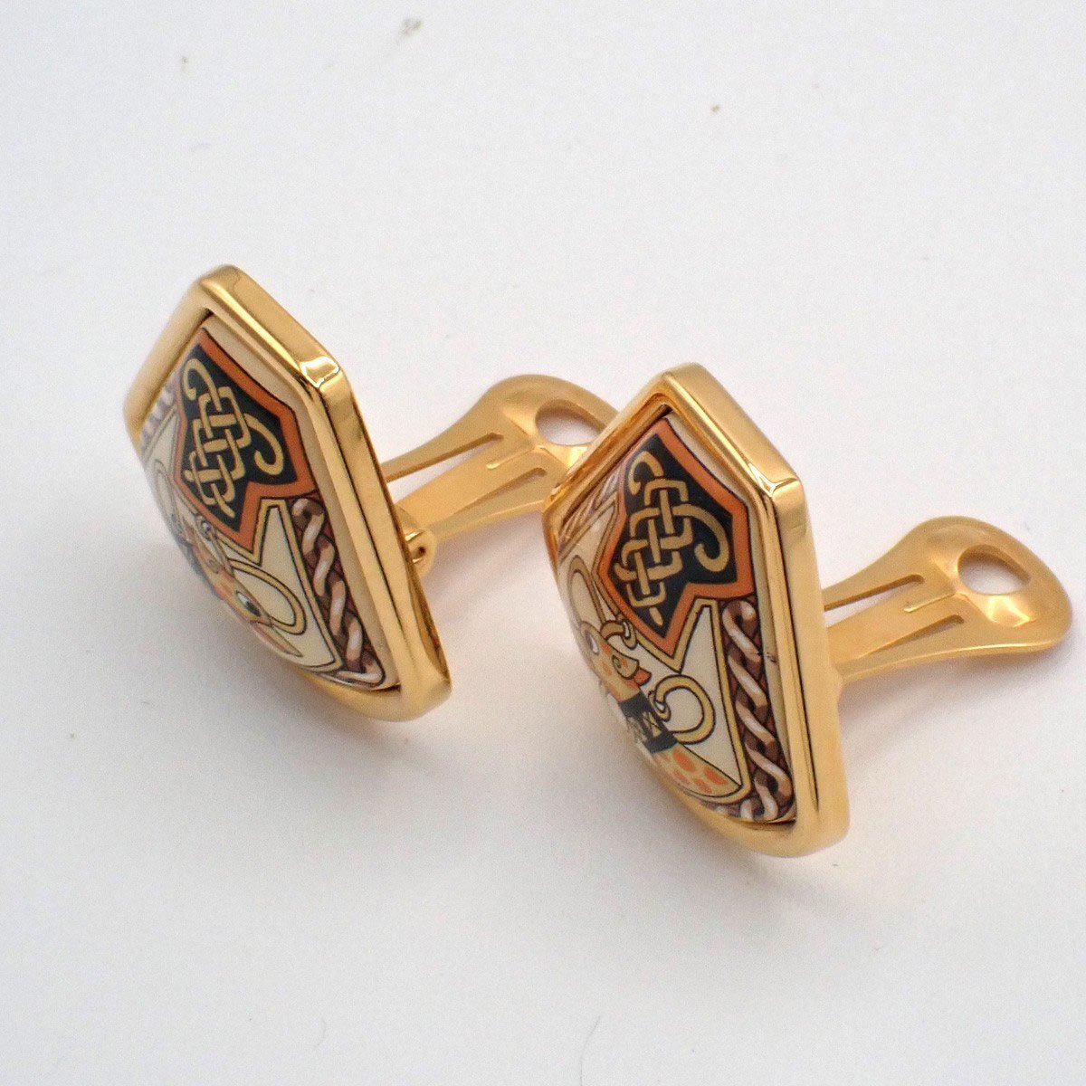 Hermès Hermes Vintage Clip-On Earrings Printed Enamel and Metal Goud