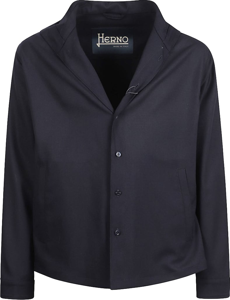 Herno Fluid Wool Blend Gabardine Shirt Jacket With Hood Zwart