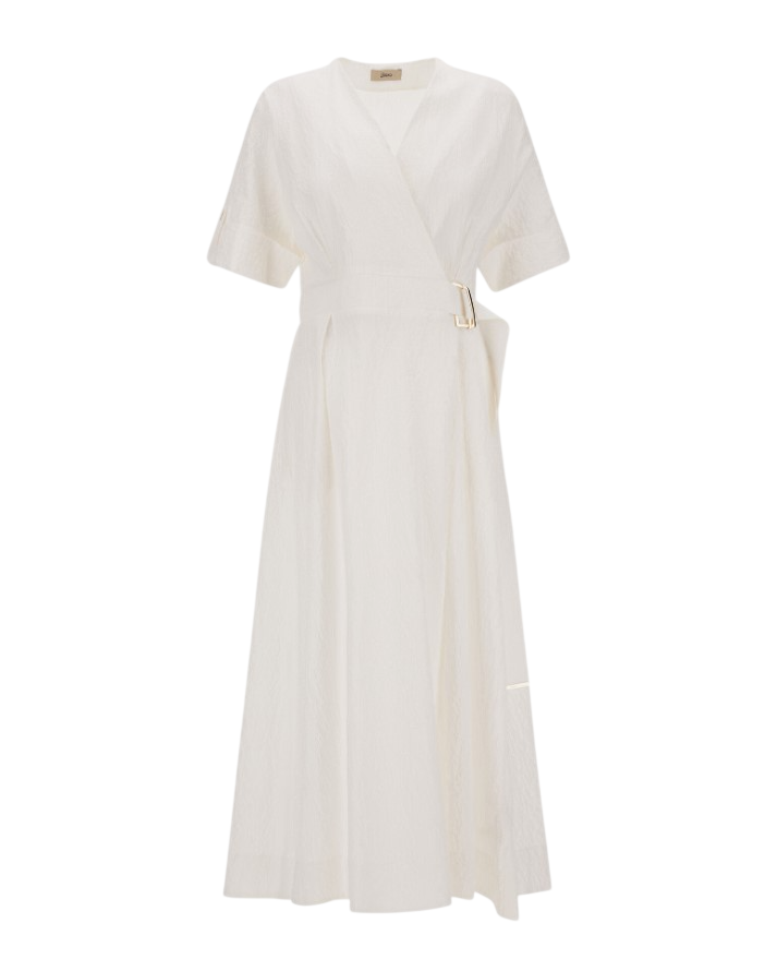 Herno Crispy Cotton Cross Over V Neck Dress Wit
