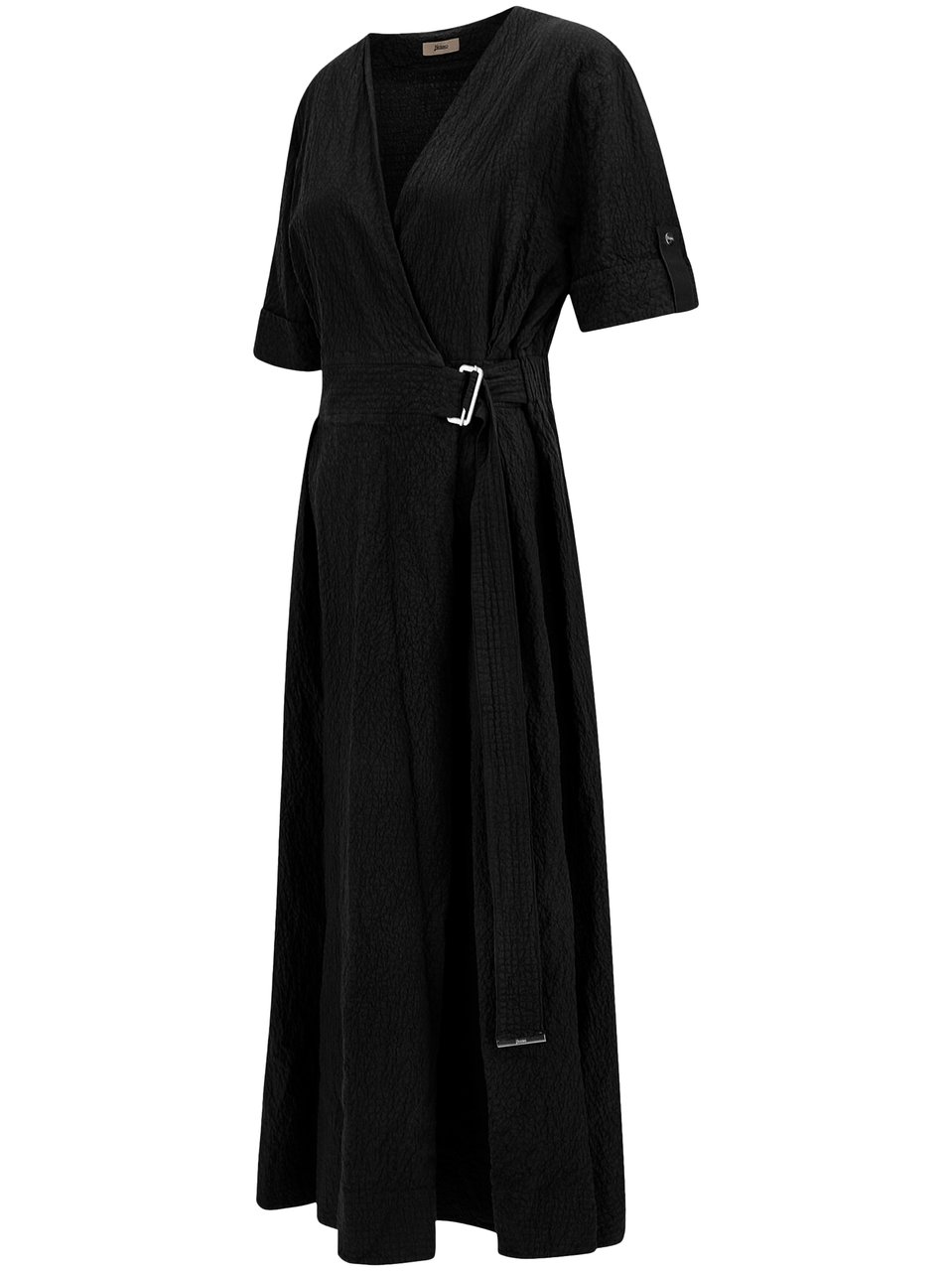 Herno Textured Black Wrap Dress with Belted Waist Zwart