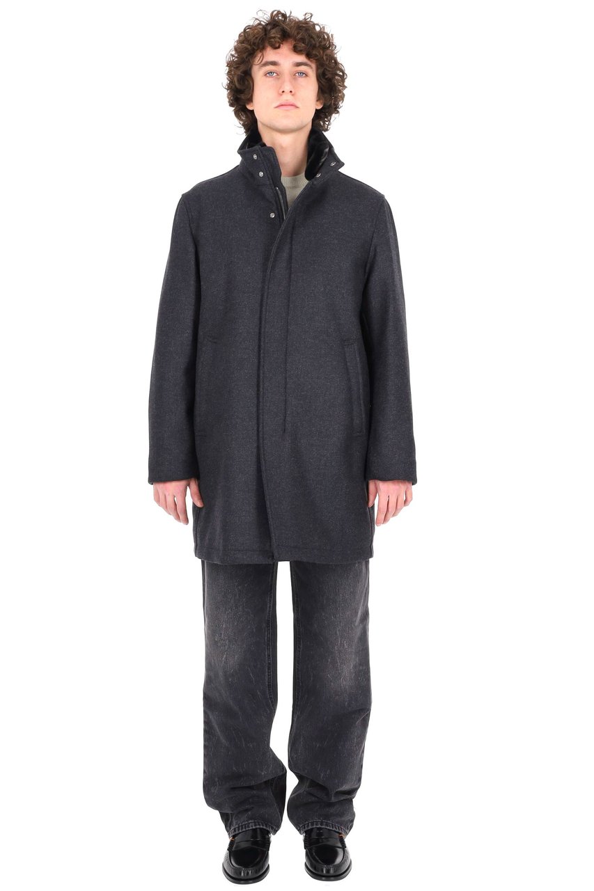 Herno Dark Grey Wool Coat with Eco-Fur Lined Collar Zwart