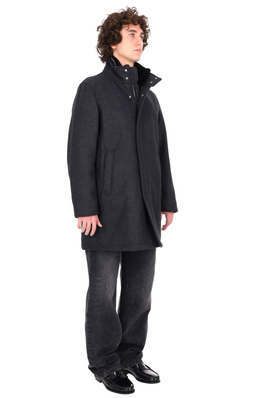 Herno Dark Grey Wool Coat with Eco-Fur Lined Collar Zwart