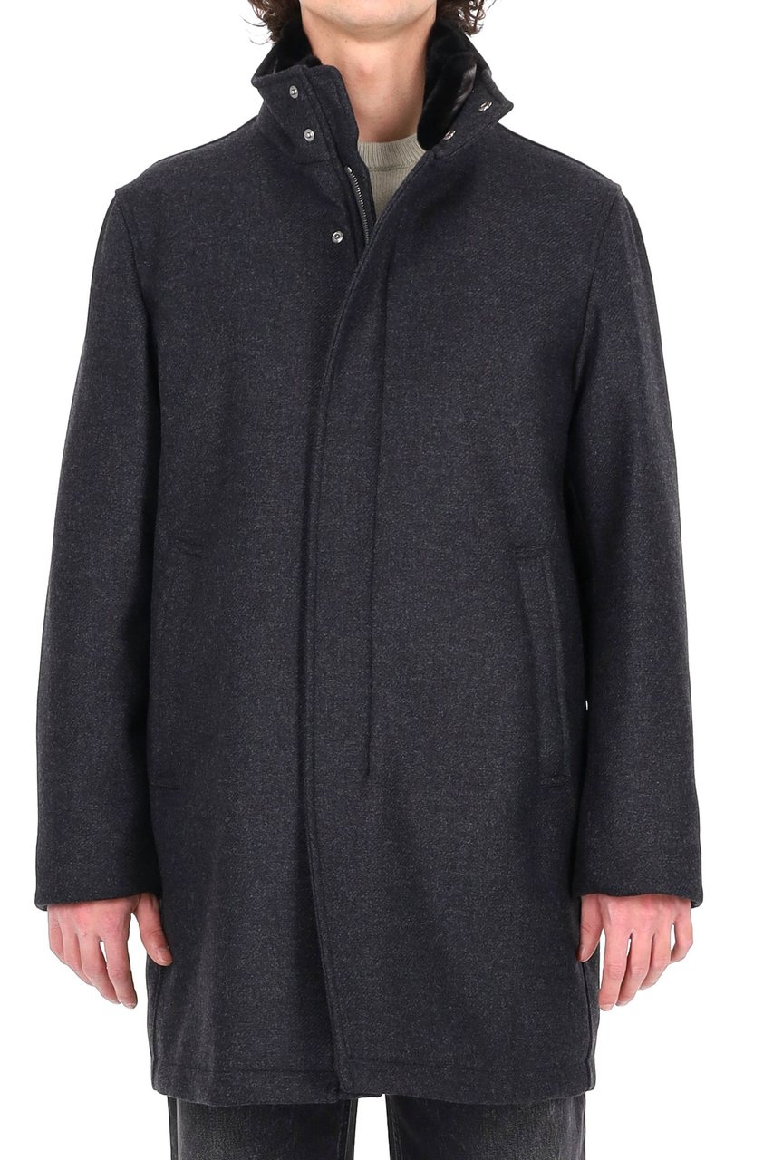 Herno Dark Grey Wool Coat with Eco-Fur Lined Collar Zwart