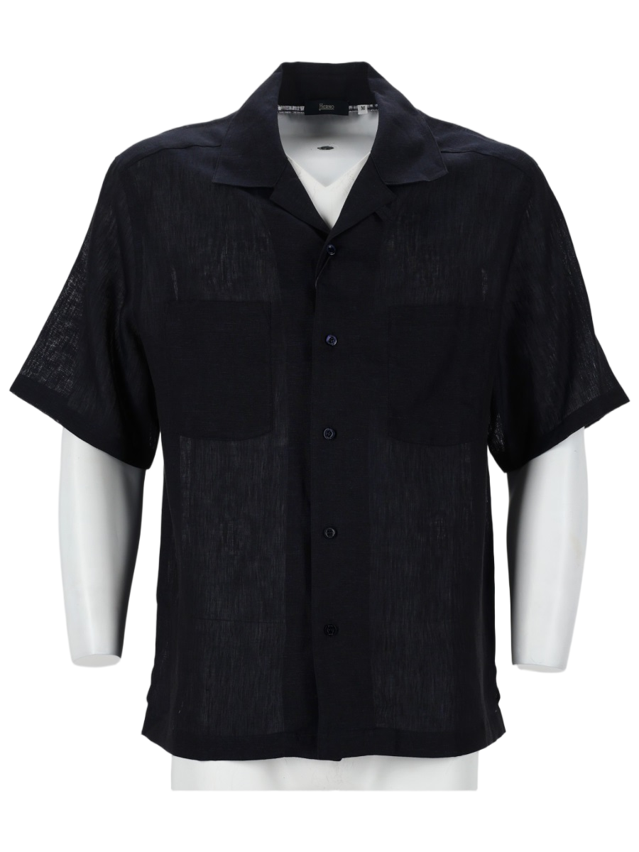 Herno Blue Short-Sleeved Linen Casual Shirt Zwart