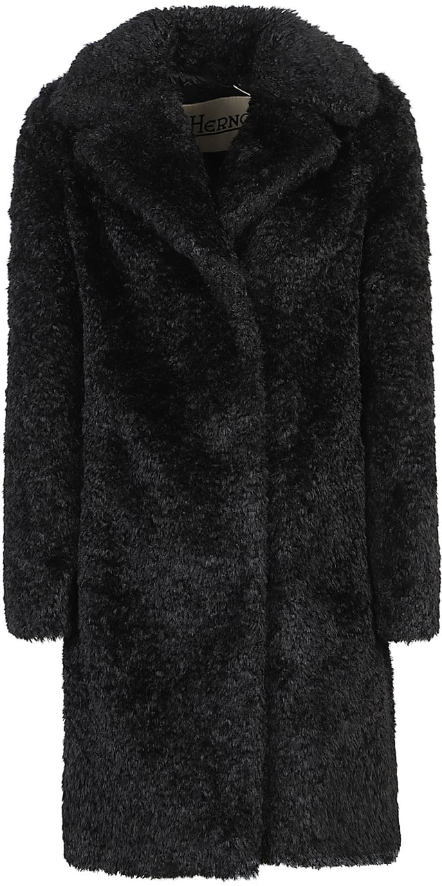 Herno Soft Faux Fur Long Coat Black Zwart