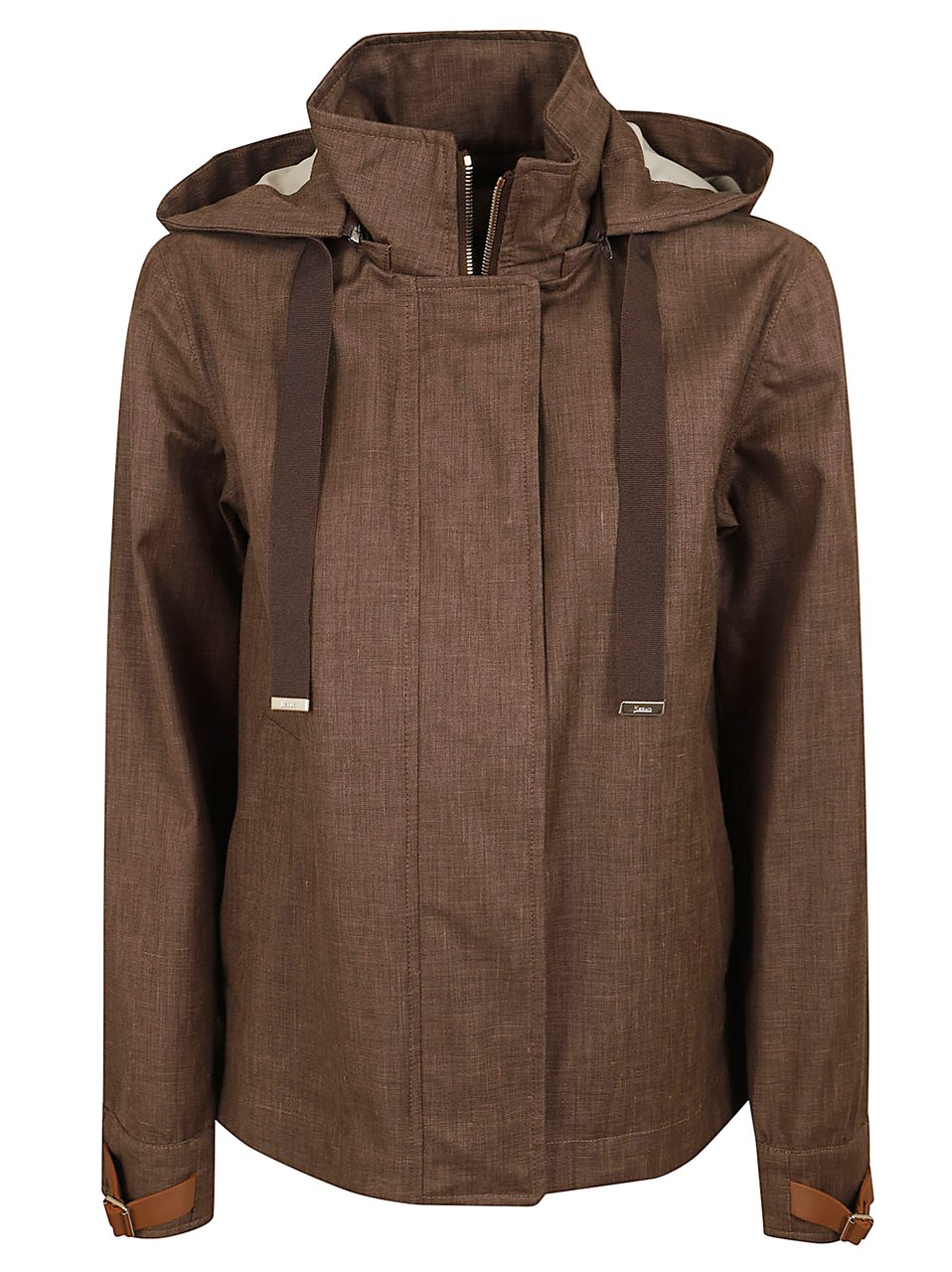 Herno Contemporary A-Line Jacket with Detachable Hood and Leather Straps Bruin