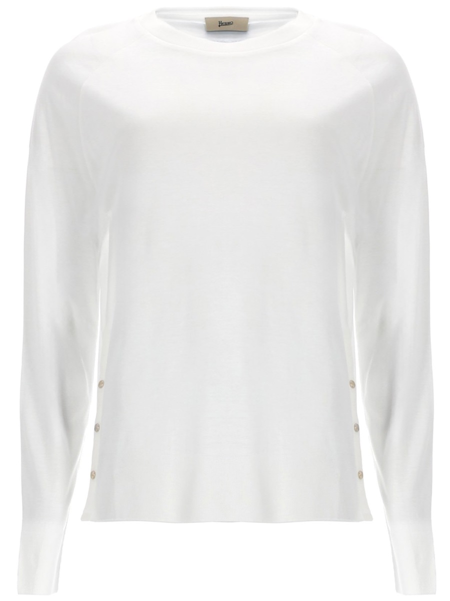 Herno Neutrals Side Buttons Lightweight Long-Sleeve Top Wit