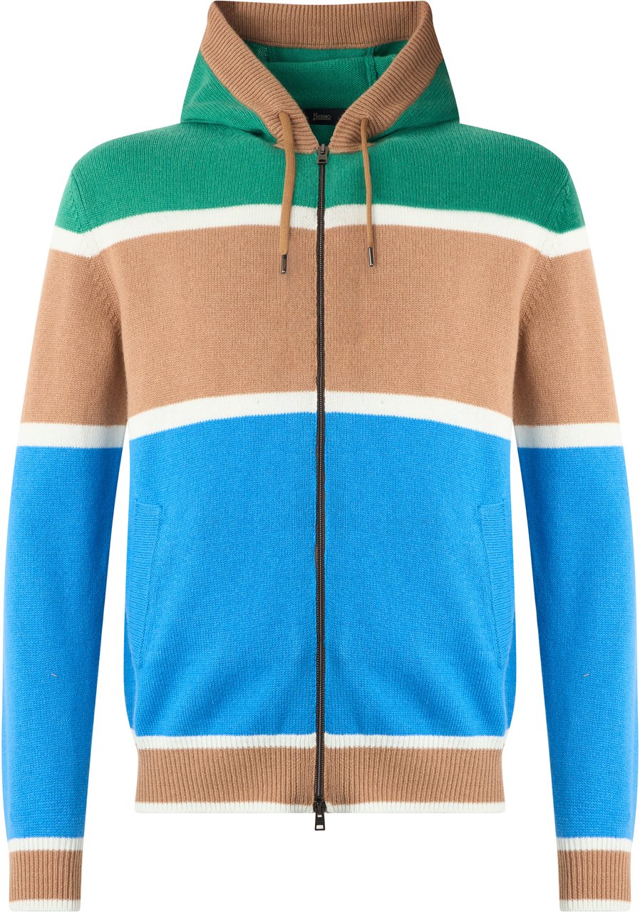 Herno Striped sweater in shades of beige, blue and green with zipper and hood Blauw