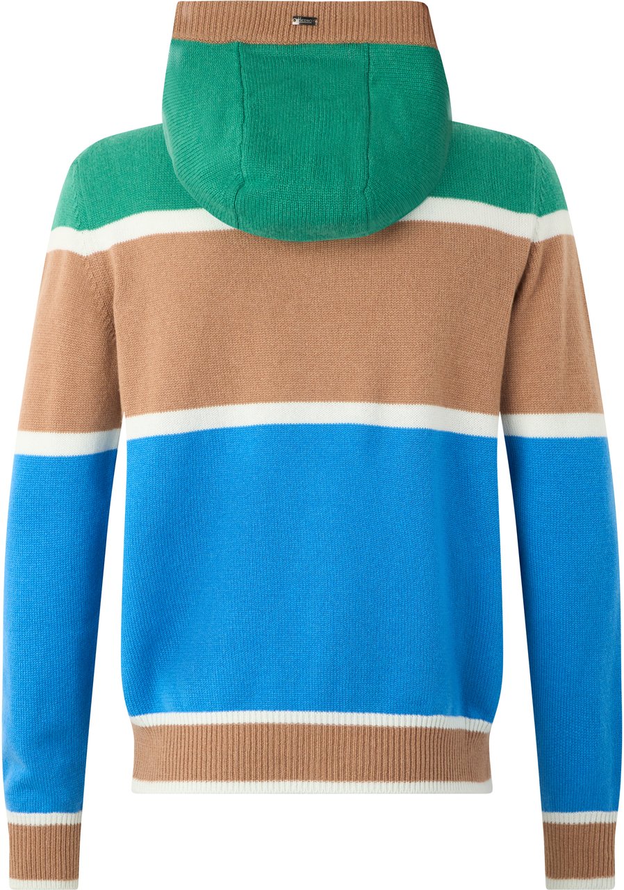 Herno Striped sweater in shades of beige, blue and green with zipper and hood Blauw