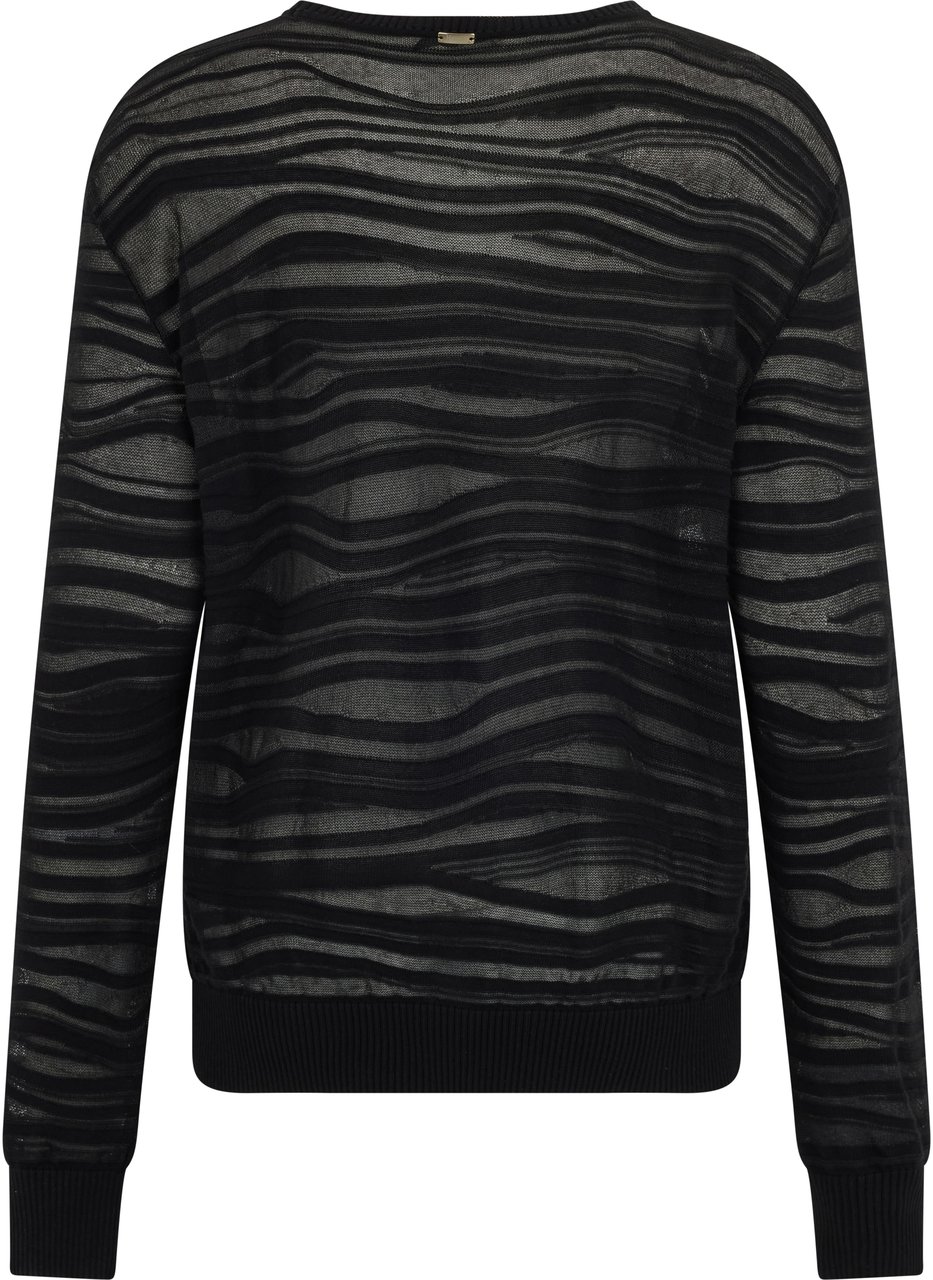 Herno Black sweater with a play of transparencies and stripe work Zwart