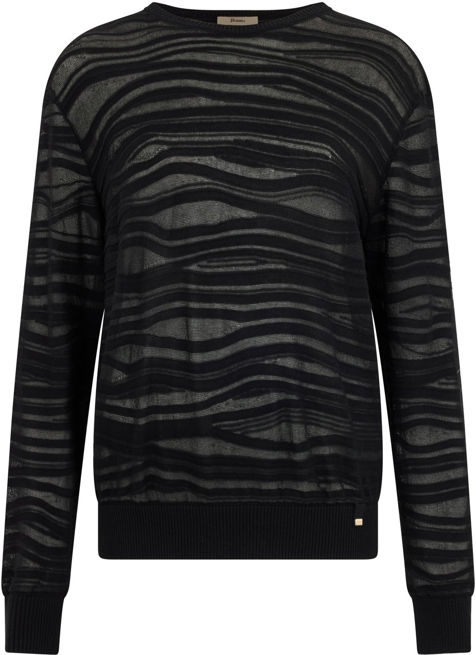Herno Black sweater with a play of transparencies and stripe work Zwart
